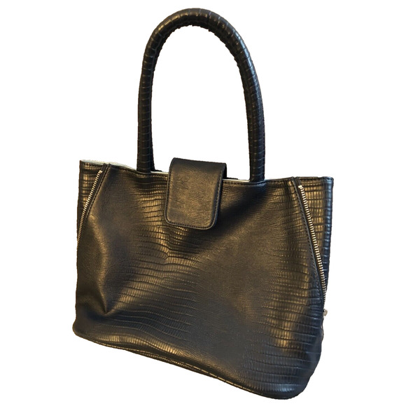 Navy Blue Crocodile Accent Two Handled Leather Purse Geir Ness Norway Laila - Picture 1 of 9